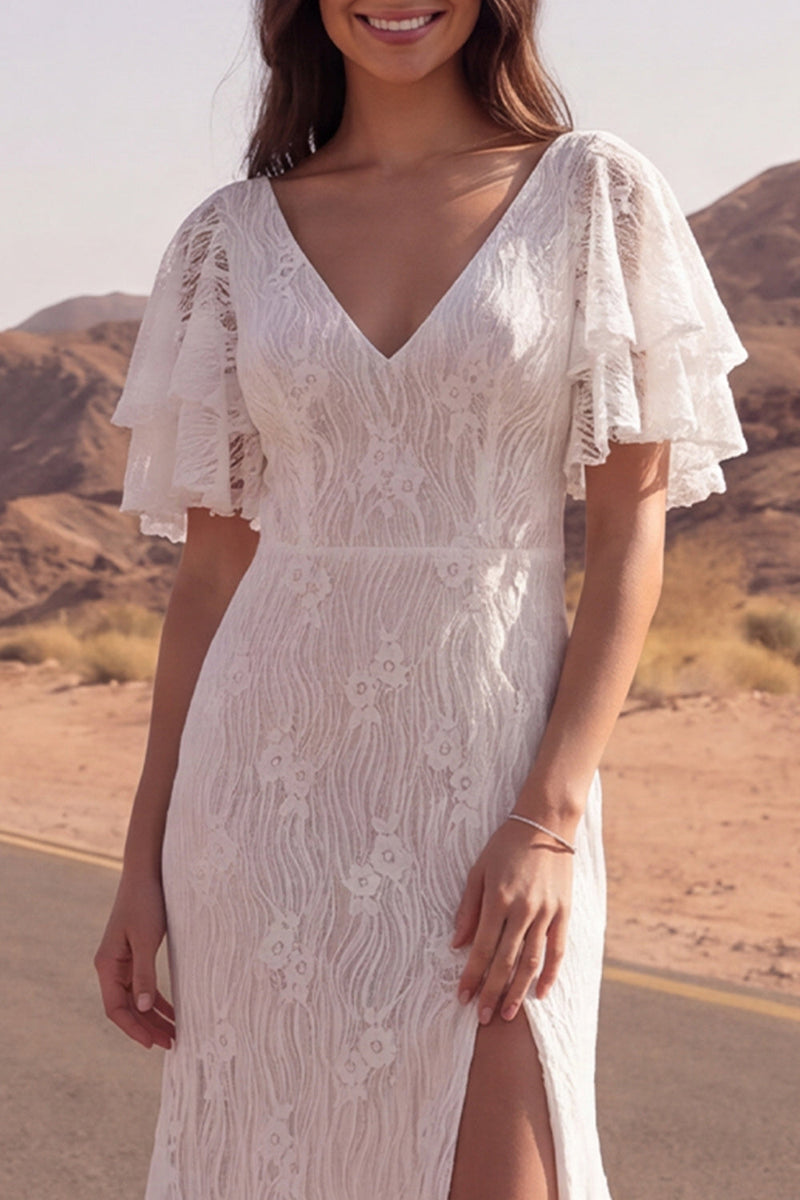 Load image into Gallery viewer, Mermaid V-Neck Floral Ivory Sweep Train Lace Boho Wedding Dress with Slit
