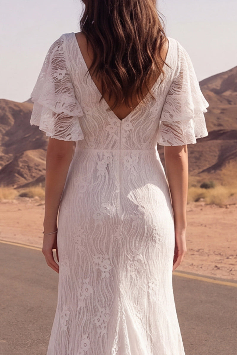 Load image into Gallery viewer, Mermaid V-Neck Floral Ivory Sweep Train Lace Boho Wedding Dress with Slit