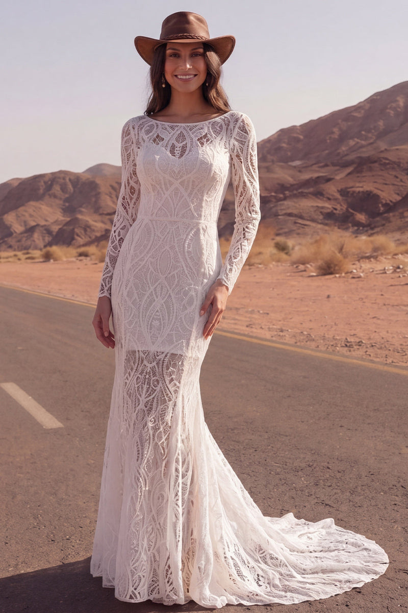Load image into Gallery viewer, Long Sleeves Ivory Mermaid Lace Boat Neck Sweep Train Boho Wedding Dress