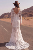 Load image into Gallery viewer, Long Sleeves Ivory Mermaid Lace Boat Neck Sweep Train Boho Wedding Dress