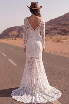Long Sleeves Ivory Mermaid Lace Boat Neck Sweep Train Boho Wedding Dress
