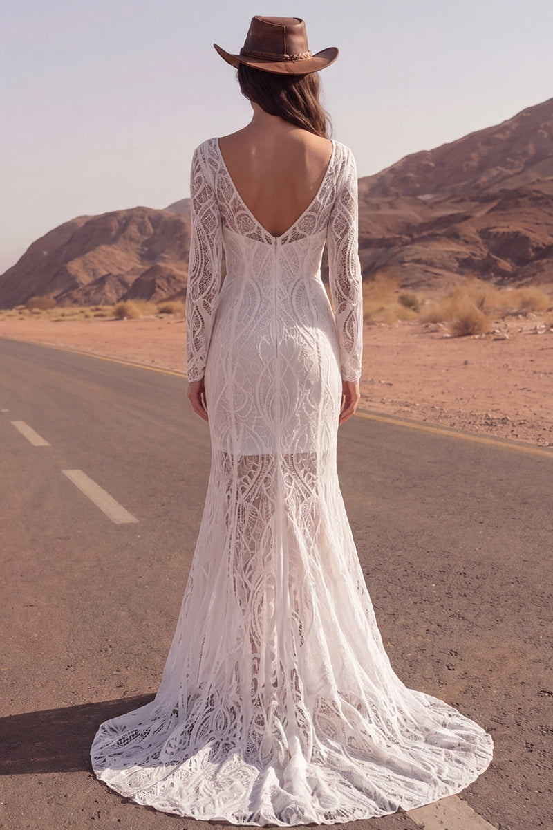 Load image into Gallery viewer, Long Sleeves Ivory Mermaid Lace Boat Neck Sweep Train Boho Wedding Dress