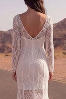 Load image into Gallery viewer, Long Sleeves Ivory Mermaid Lace Boat Neck Sweep Train Boho Wedding Dress