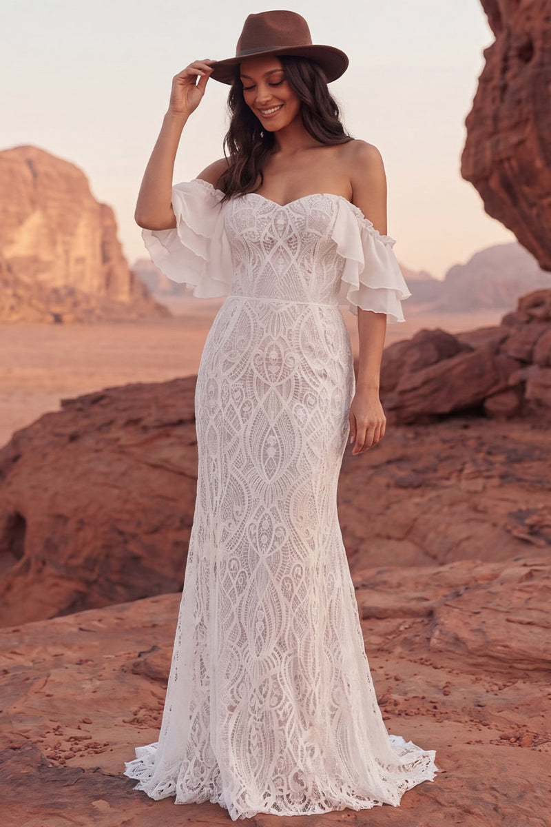 Load image into Gallery viewer, Ivory Mermaid Sweep Train Off the Shoulder Lace Boho Wedding Dress with Ruffles