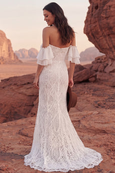 Ivory Mermaid Sweep Train Off the Shoulder Lace Boho Wedding Dress with Ruffles