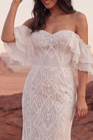 Load image into Gallery viewer, Ivory Mermaid Sweep Train Off the Shoulder Lace Boho Wedding Dress with Ruffles