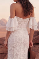 Load image into Gallery viewer, Ivory Mermaid Sweep Train Off the Shoulder Lace Boho Wedding Dress with Ruffles