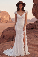 Load image into Gallery viewer, Sweep Train Lace V-Neck Mermaid Ivory Boho Wedding Dress with Ruffles