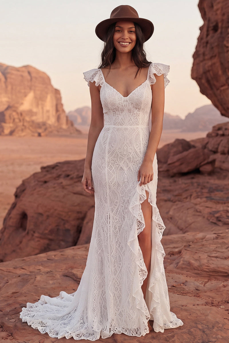 Load image into Gallery viewer, Sweep Train Lace V-Neck Mermaid Ivory Boho Wedding Dress with Ruffles