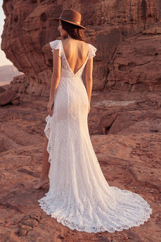 Sweep Train Lace V-Neck Mermaid Ivory Boho Wedding Dress with Ruffles