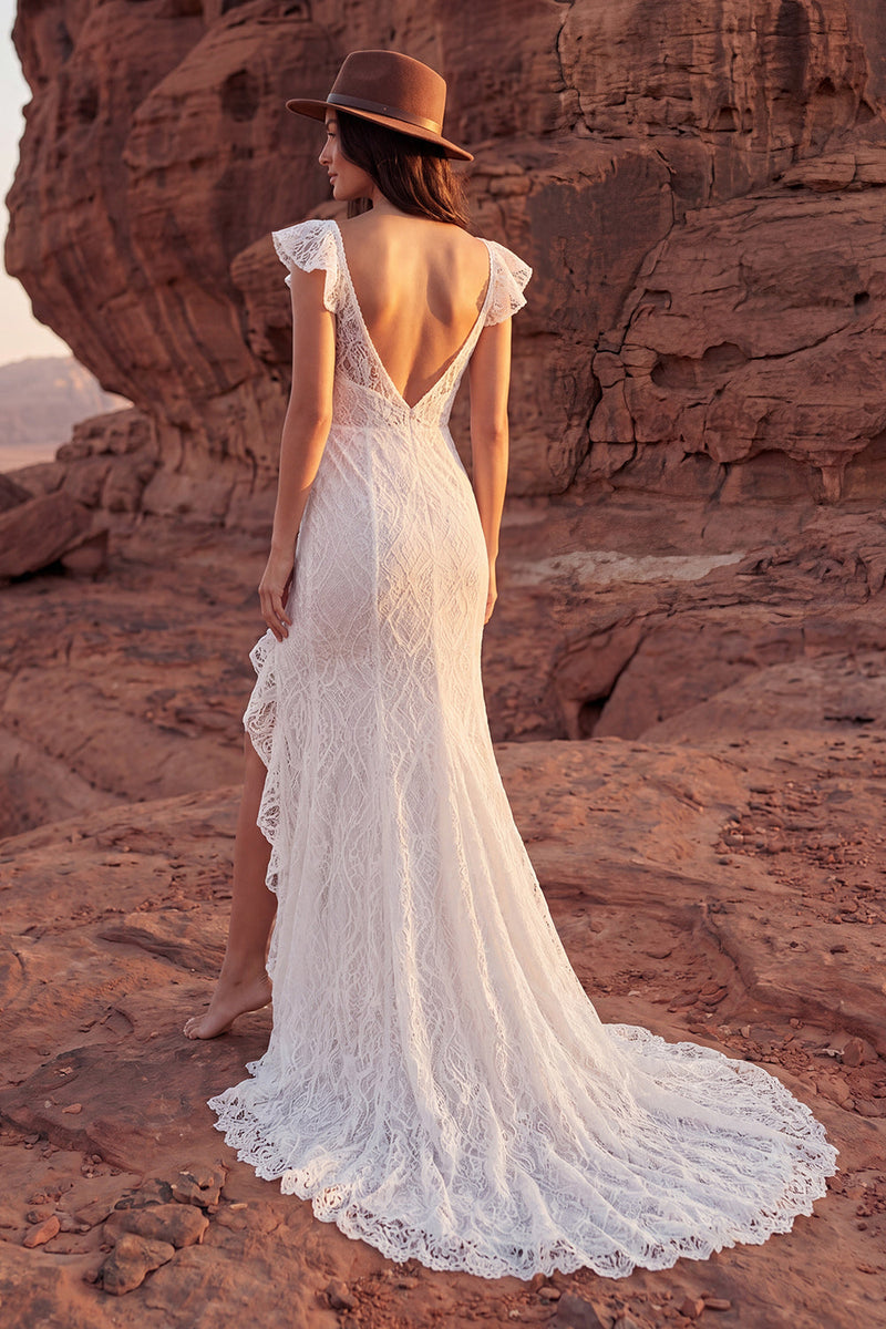 Load image into Gallery viewer, Sweep Train Lace V-Neck Mermaid Ivory Boho Wedding Dress with Ruffles