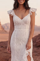 Load image into Gallery viewer, Sweep Train Lace V-Neck Mermaid Ivory Boho Wedding Dress with Ruffles