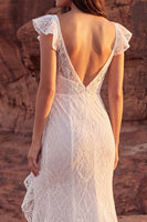 Load image into Gallery viewer, Sweep Train Lace V-Neck Mermaid Ivory Boho Wedding Dress with Ruffles