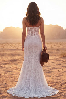 Corset Strapless Ivory Mermaid Sweep Train Lace Floral Boho Wedding Dress with Slit