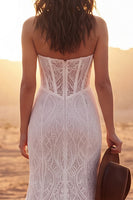 Load image into Gallery viewer, Corset Strapless Ivory Mermaid Sweep Train Lace Floral Boho Wedding Dress with Slit