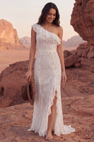 Load image into Gallery viewer, One Shoulder Mermaid Lace Sweep Train Ivory Ruffled Boho Wedding Dress with Slit