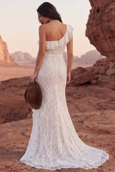 One Shoulder Mermaid Lace Sweep Train Ivory Ruffled Boho Wedding Dress with Slit
