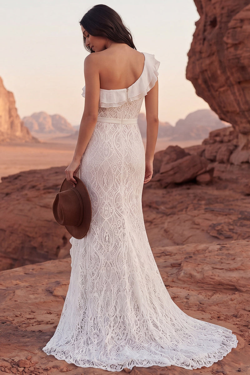 Load image into Gallery viewer, One Shoulder Mermaid Lace Sweep Train Ivory Ruffled Boho Wedding Dress with Slit