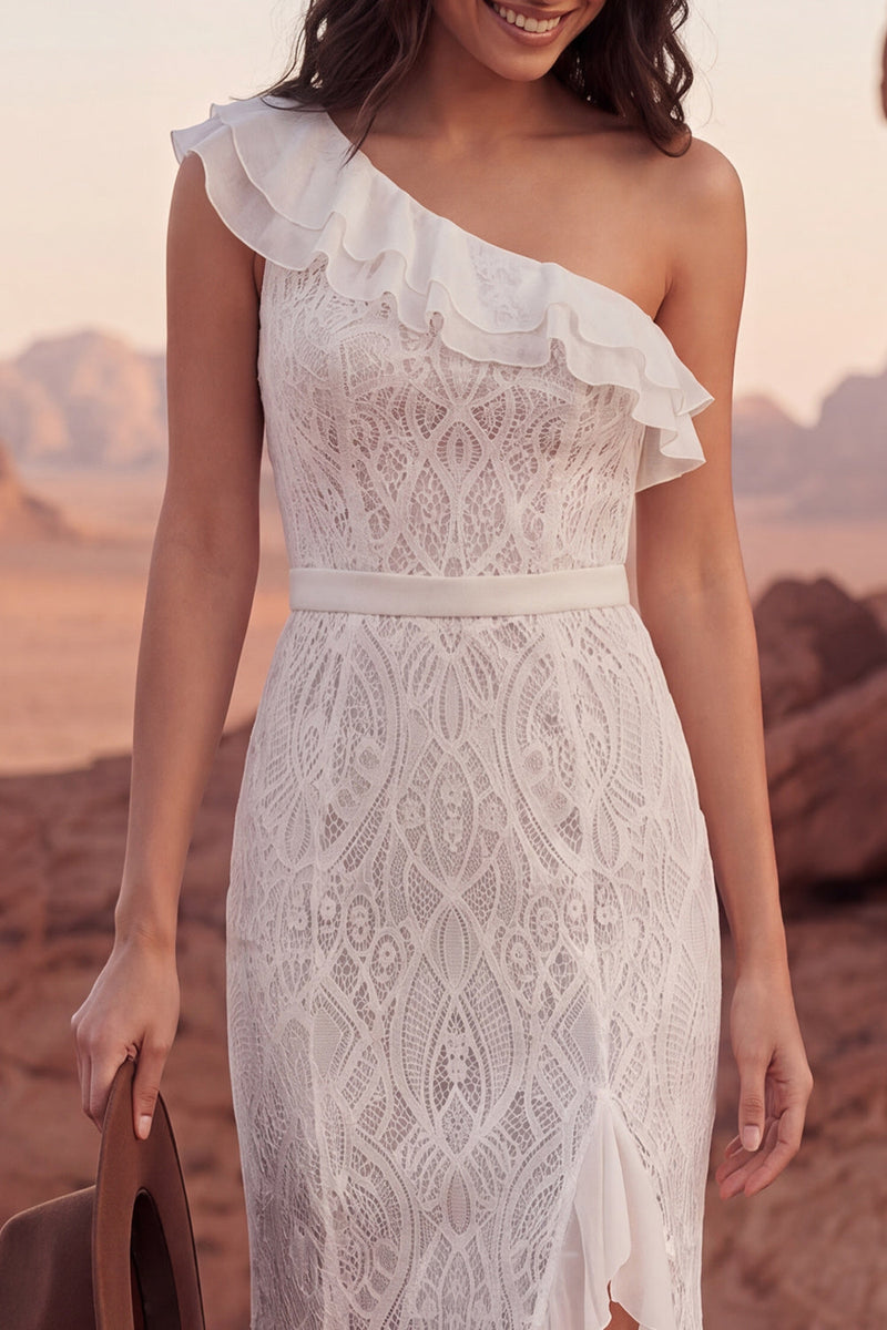 Load image into Gallery viewer, One Shoulder Mermaid Lace Sweep Train Ivory Ruffled Boho Wedding Dress with Slit