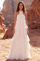 Load image into Gallery viewer, Halter Ivory A Line Sweep Train Beach Ruffled Wedding Dress with 3D Flower