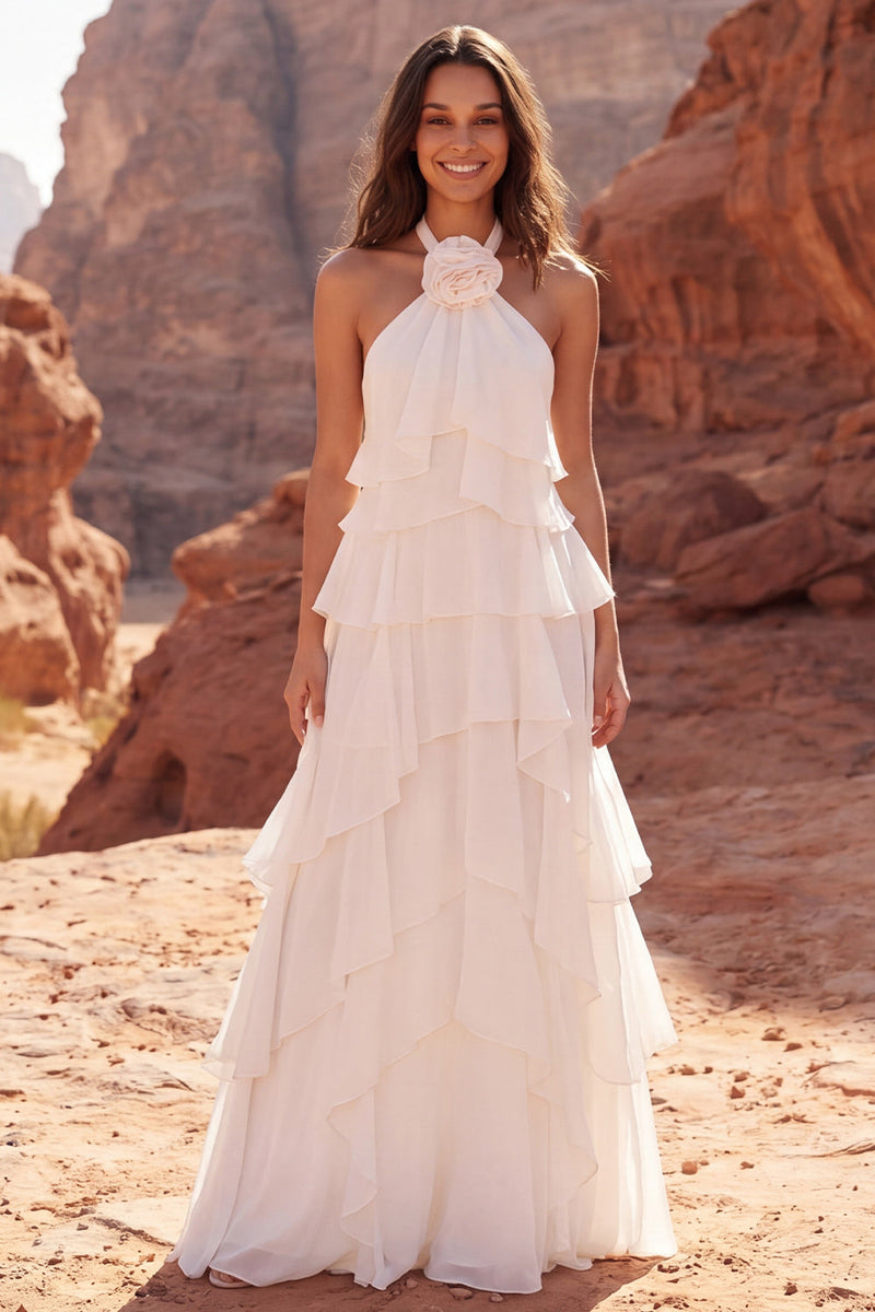 Load image into Gallery viewer, Halter Ivory A Line Sweep Train Beach Ruffled Wedding Dress with 3D Flower