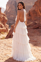 Load image into Gallery viewer, Halter Ivory A Line Sweep Train Beach Ruffled Wedding Dress with 3D Flower