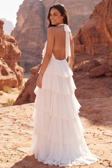 Halter Ivory A Line Sweep Train Beach Ruffled Wedding Dress with 3D Flower