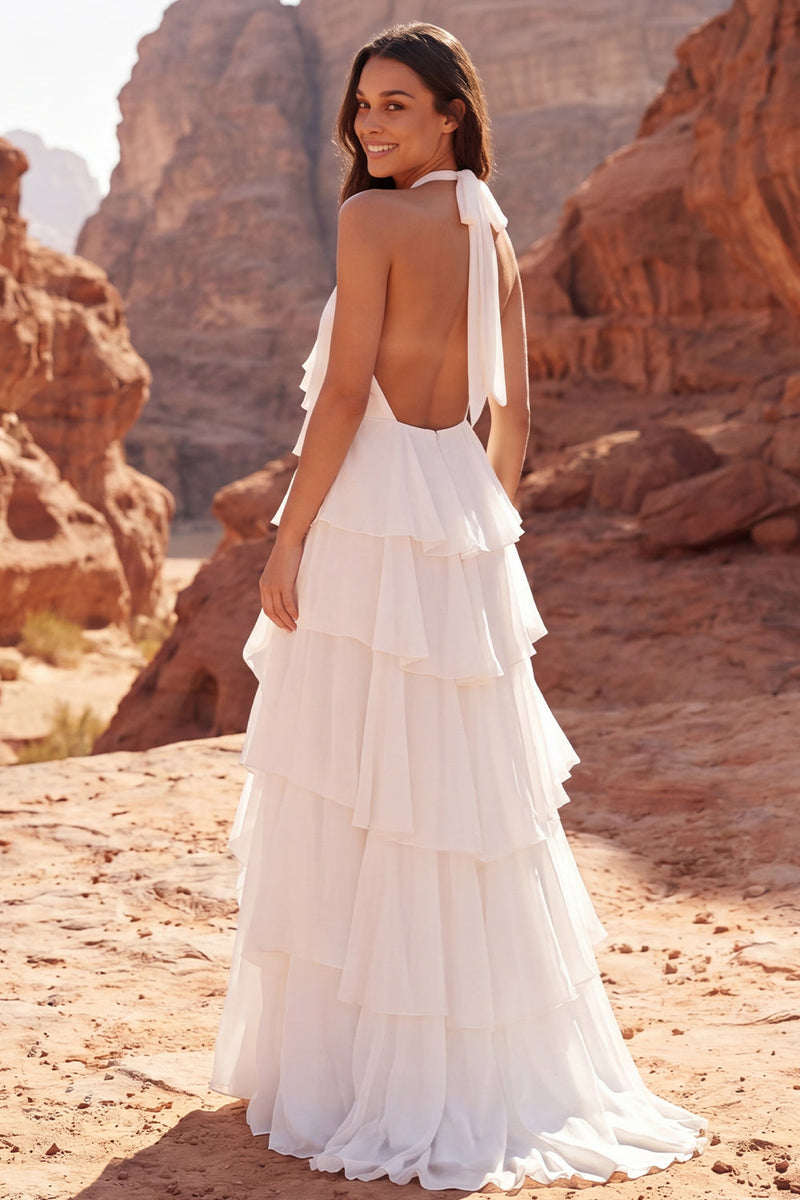 Load image into Gallery viewer, Halter Ivory A Line Sweep Train Beach Ruffled Wedding Dress with 3D Flower