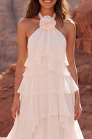 Load image into Gallery viewer, Halter Ivory A Line Sweep Train Beach Ruffled Wedding Dress with 3D Flower