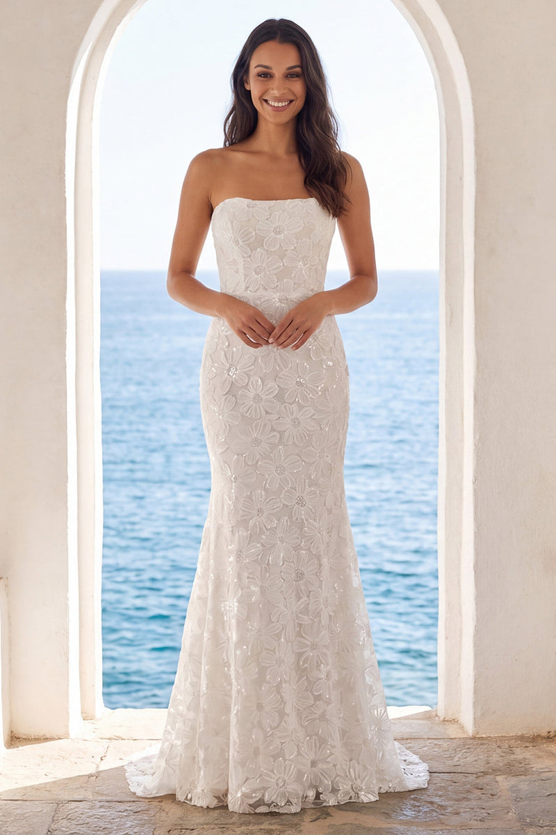 Load image into Gallery viewer, Sparkly Ivory Beaded Floral Strapless Mermaid Sweep Train Wedding Dress
