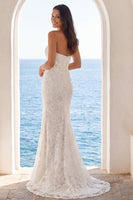 Load image into Gallery viewer, Sparkly Ivory Beaded Floral Strapless Mermaid Sweep Train Wedding Dress