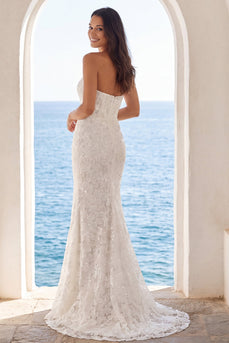 Sparkly Ivory Beaded Floral Strapless Mermaid Sweep Train Wedding Dress