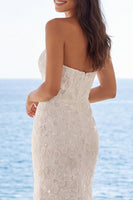 Load image into Gallery viewer, Sparkly Ivory Beaded Floral Strapless Mermaid Sweep Train Wedding Dress