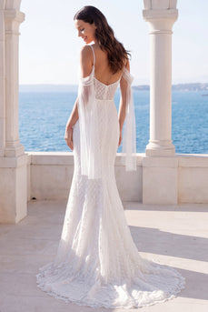 Sparkly Ivory Mermaid Beaded Corset Sweep Train Wedding Dress with Cape