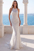 Load image into Gallery viewer, Ruched Sparkly Ivory Mermaid Beaded Sweep Train Halter Wedding Dress
