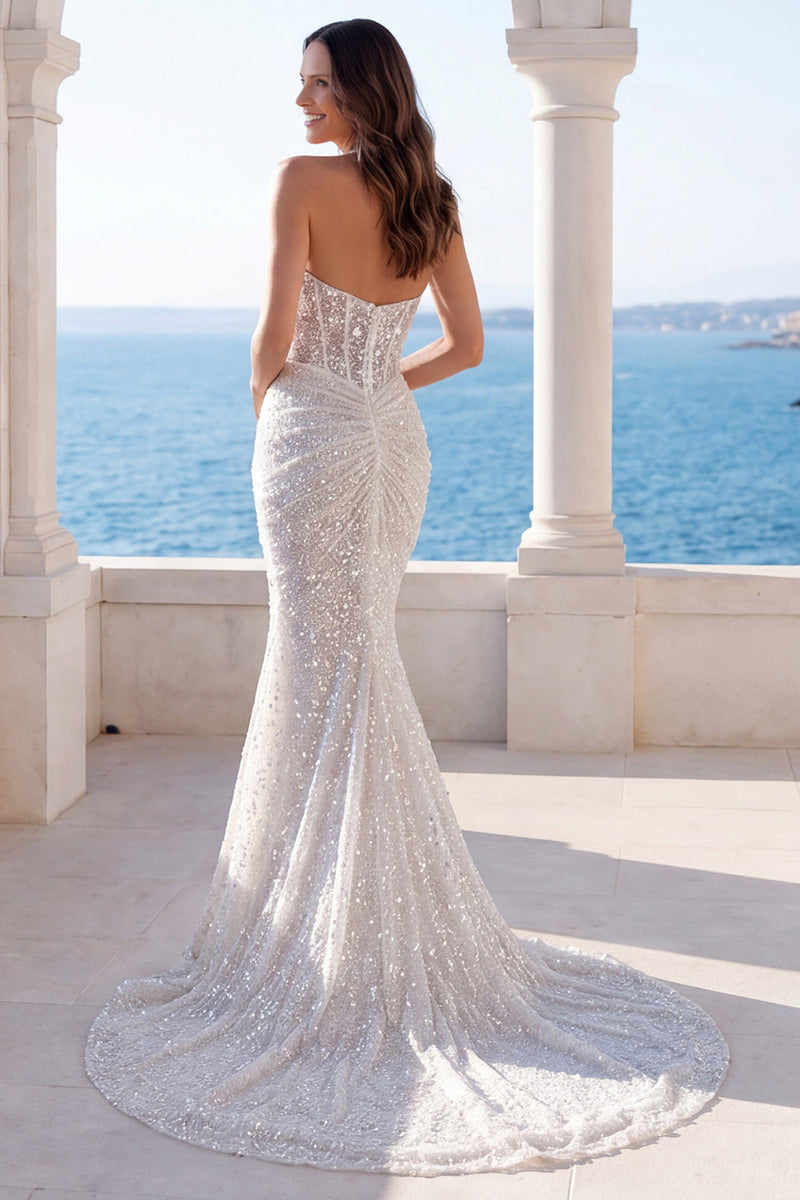 Load image into Gallery viewer, Ruched Sparkly Ivory Mermaid Beaded Sweep Train Halter Wedding Dress