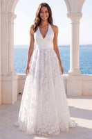Load image into Gallery viewer, Ivory Halter Lace Backless Floral A Line Sweep Train Wedding Dress