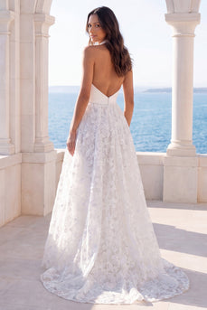 Ivory Halter Lace Backless Floral A Line Sweep Train Wedding Dress