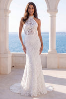 Load image into Gallery viewer, Beaded Floral Halter Mermaid Sparkly Ivory Sweep Train Wedding Dress