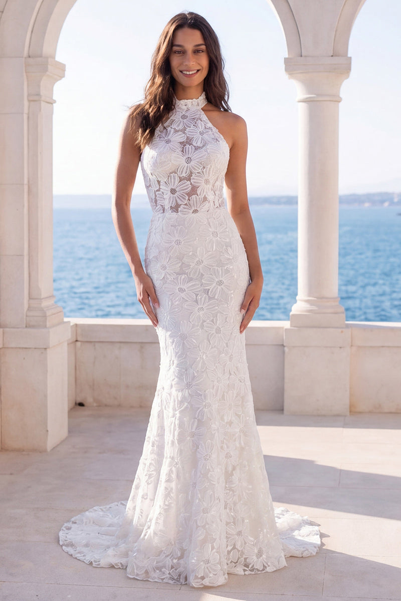 Load image into Gallery viewer, Beaded Floral Halter Mermaid Sparkly Ivory Sweep Train Wedding Dress