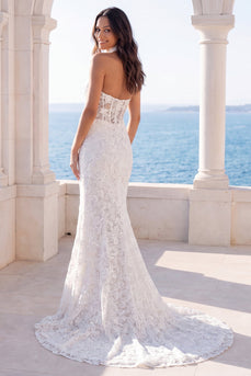 Beaded Floral Halter Mermaid Sparkly Ivory Sweep Train Wedding Dress