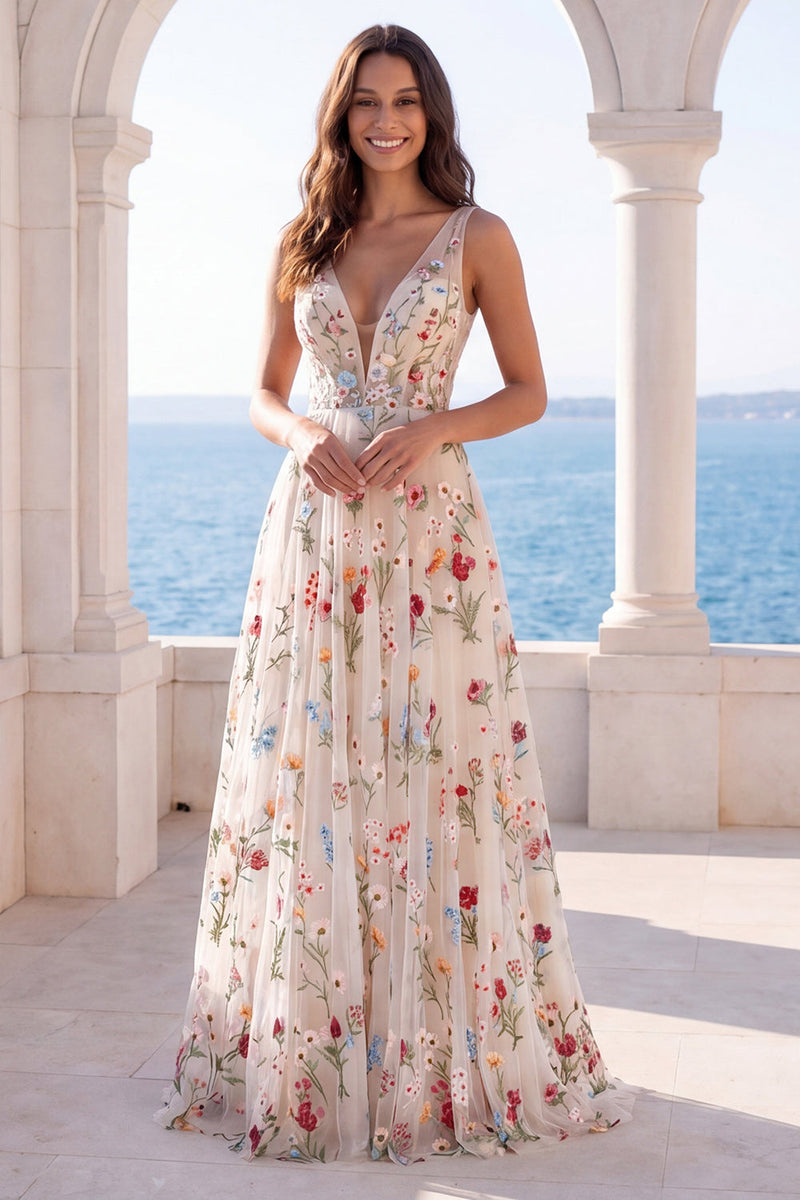 Load image into Gallery viewer, Floral Ivory V-Neck A Line Floor Length Boho Wedding Dress
