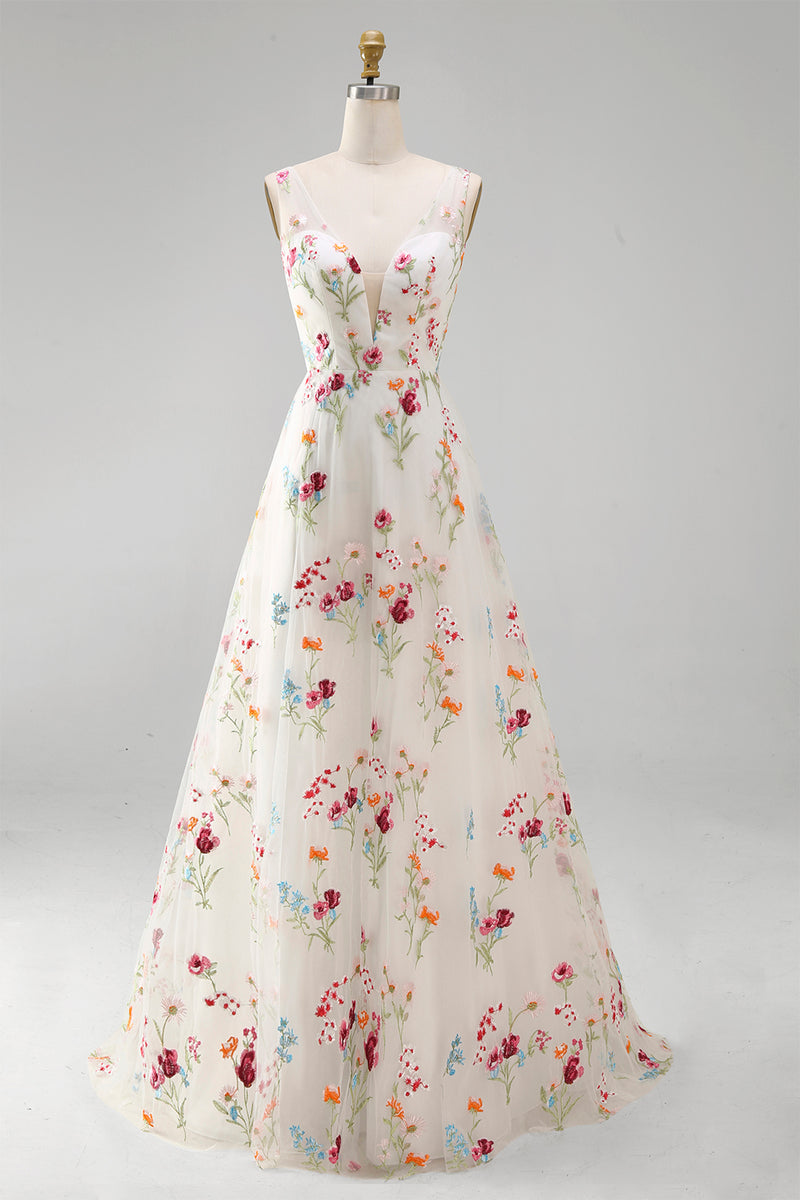 Load image into Gallery viewer, Floral Ivory V-Neck A Line Floor Length Boho Wedding Dress