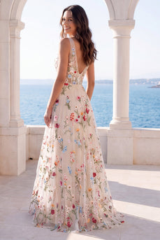 Floral Ivory V-Neck A Line Floor Length Boho Wedding Dress