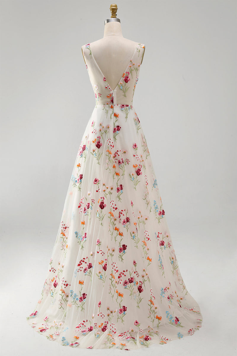 Load image into Gallery viewer, Floral Ivory V-Neck A Line Floor Length Boho Wedding Dress