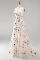 Load image into Gallery viewer, Floral Ivory V-Neck A Line Floor Length Boho Wedding Dress