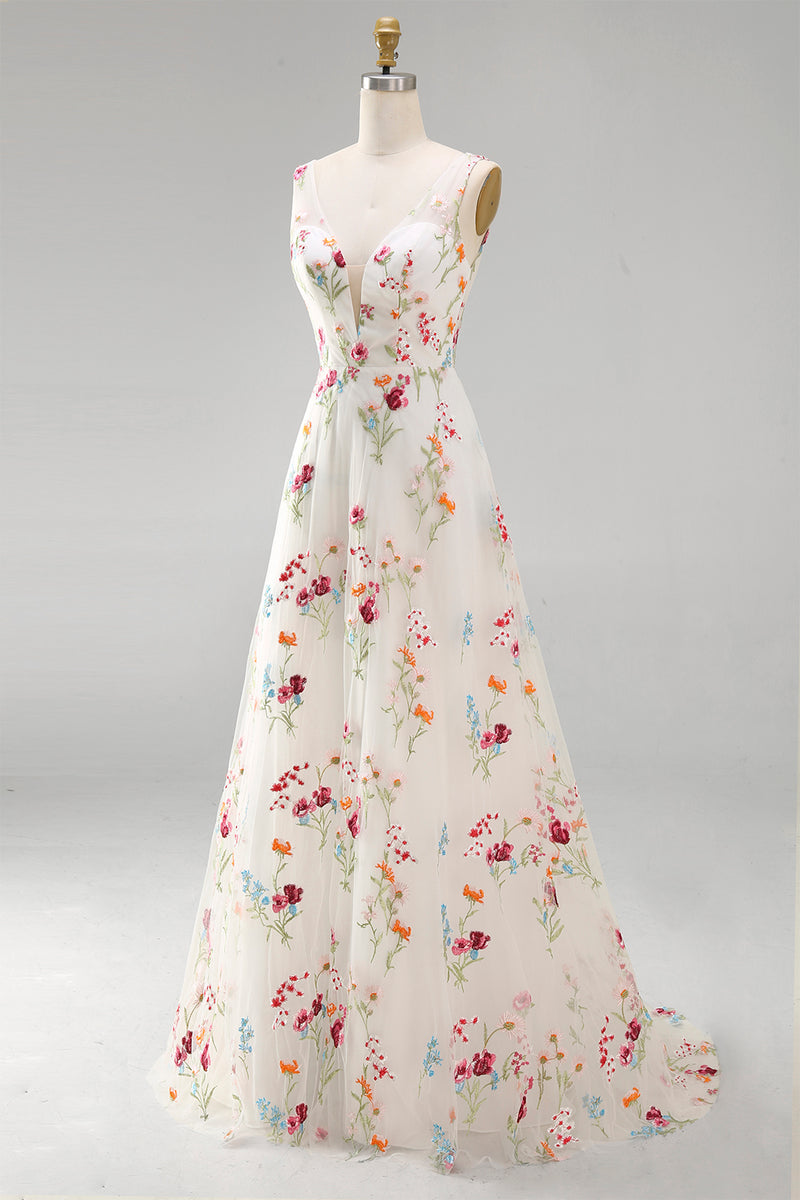 Load image into Gallery viewer, Floral Ivory V-Neck A Line Floor Length Boho Wedding Dress