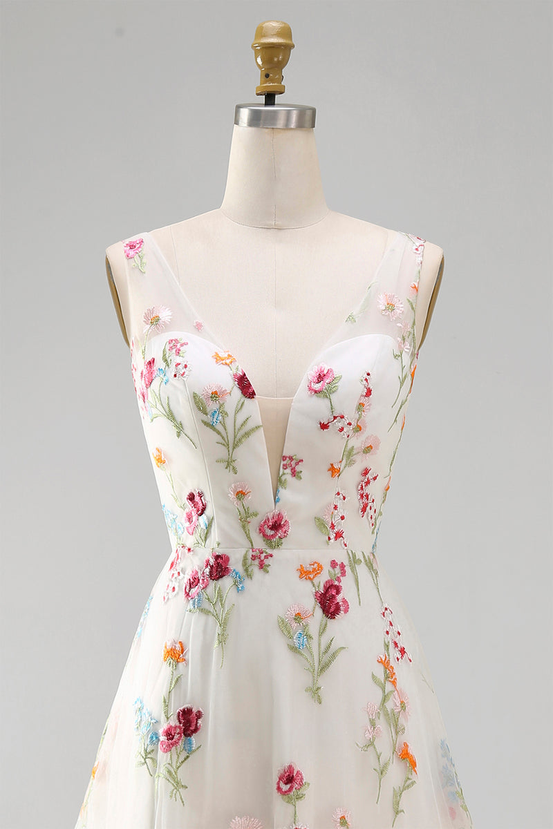 Load image into Gallery viewer, Floral Ivory V-Neck A Line Floor Length Boho Wedding Dress