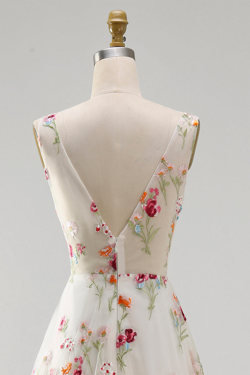 Load image into Gallery viewer, Floral Ivory V-Neck A Line Floor Length Boho Wedding Dress