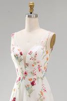Load image into Gallery viewer, Floral Ivory V-Neck A Line Floor Length Boho Wedding Dress